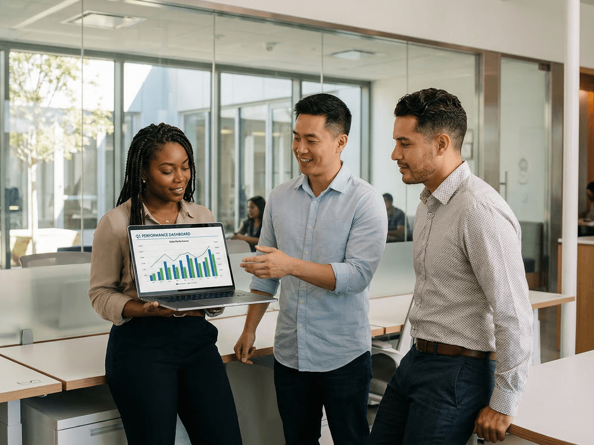 Team reviewing productivity metrics